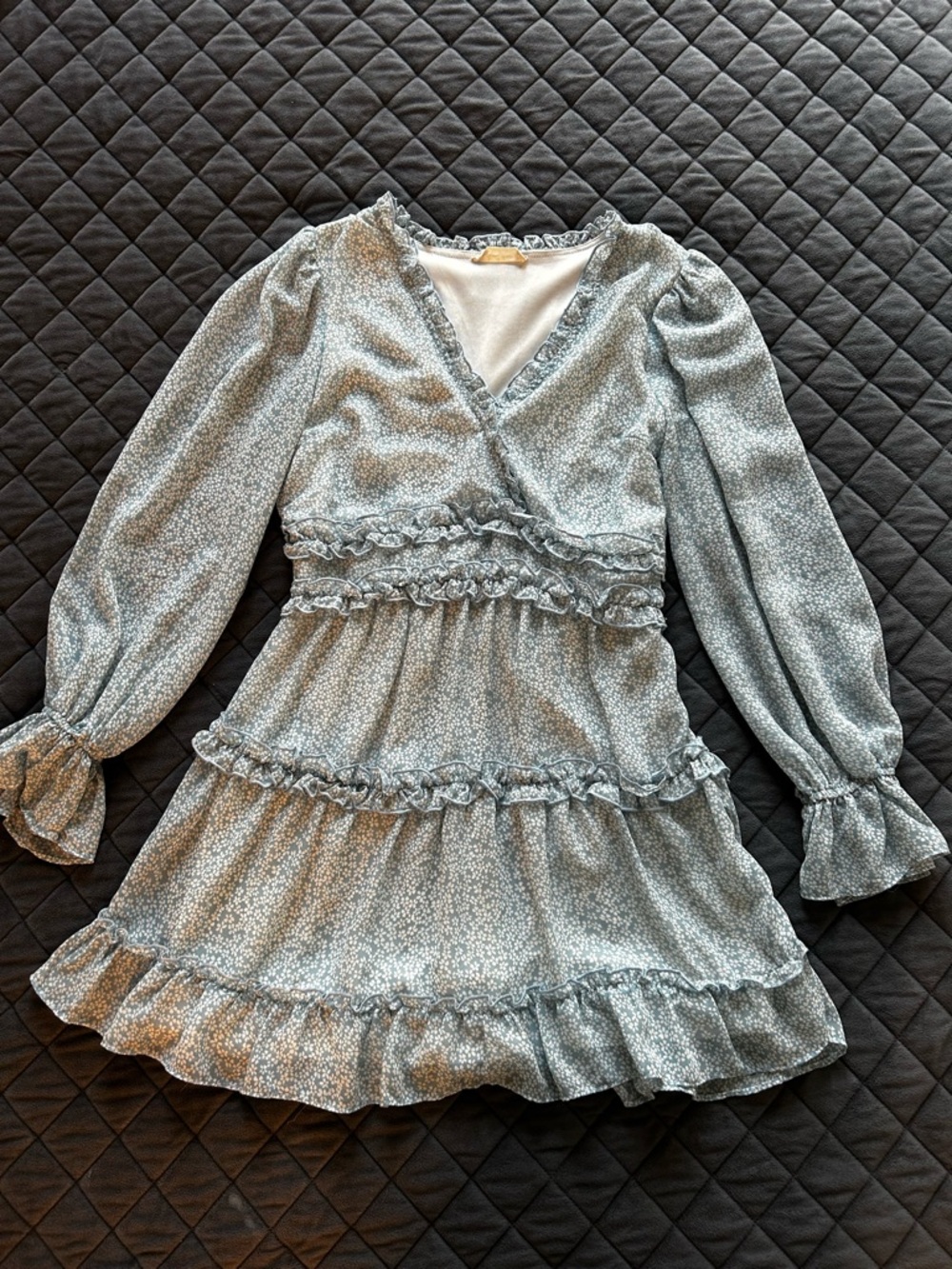 Blue Ruffle Tiered Long-Sleeve Dress